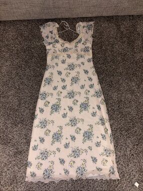White Floral Maxi Dress with Blue and Yellow Bouquet Print